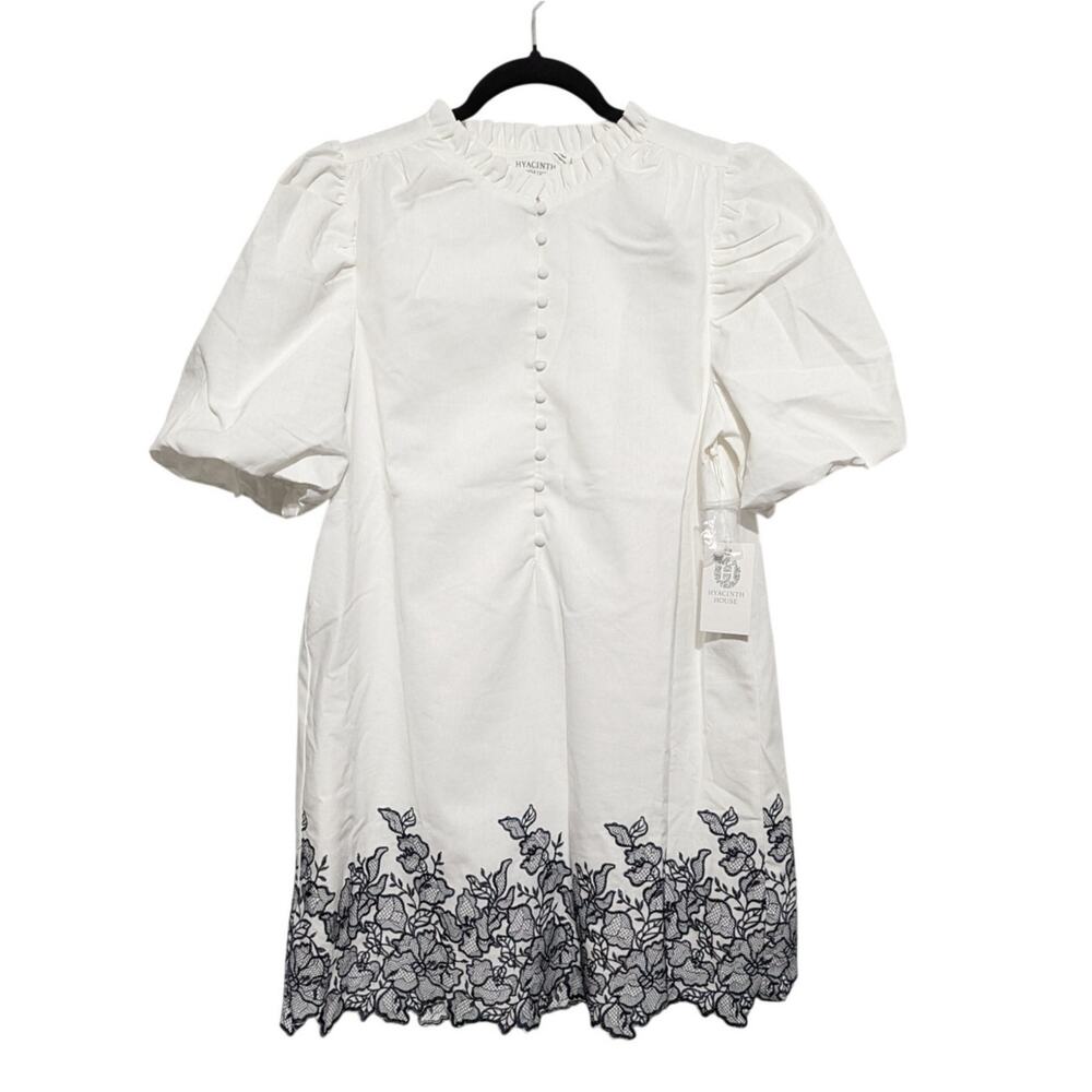 Tuckernuck Hyacinth House Mini Dress Large Embroidered White Navy Puff Sleeves - Picture 4 of 14